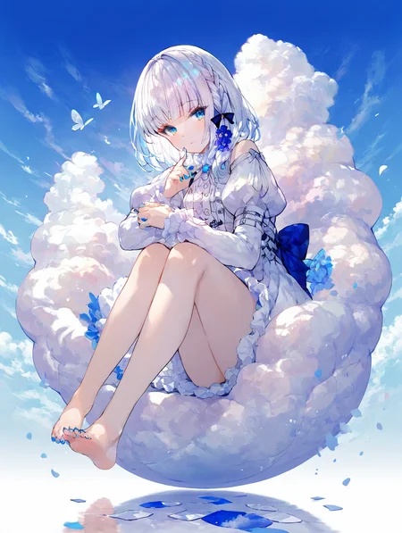 (score_9,score_8_up,score_7_up),high quality,best quality,Highly detailed,highres,1girl,barefoot, braid, dress, white hair, looking at viewer, sitting, blue nails, nail polish, white dress, bow, long sleeves, feet, blue theme, puffy sleeves, hair bow, toes, cloud, sky, full body, frills, hair ornament, flower<lora:tengyuan-XL2:0.7>,