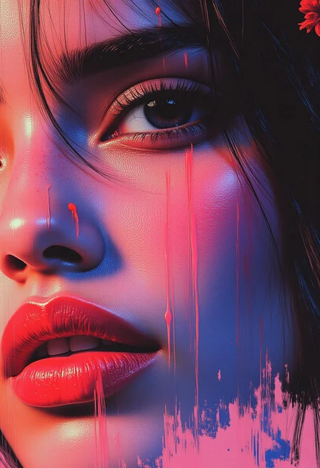 abstract neon slpash ink image in vivid, surreal iridescent colours, closeup side portrait of chinese princess, red lips, long loose hair, hair ornaments, earrings, necklaces, midjourney_whisper_innocent_eyes