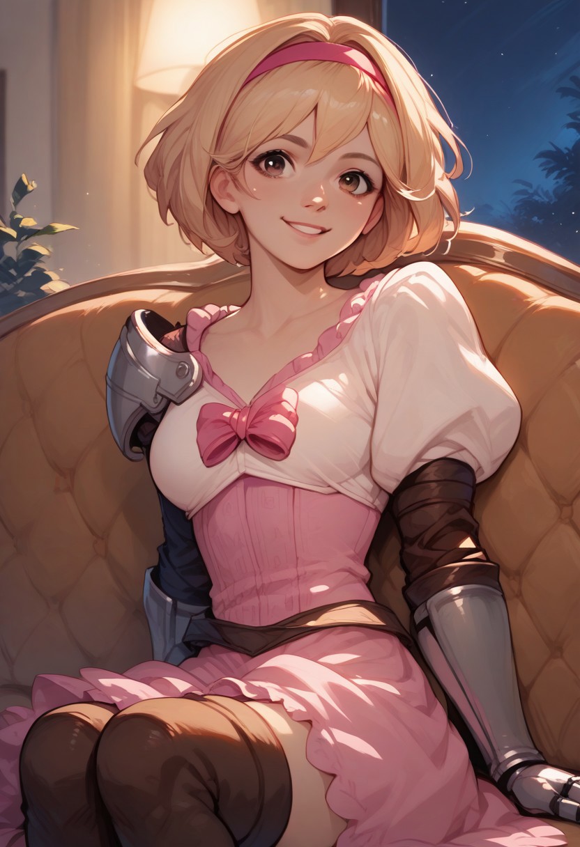 score_9, score_8_up, score_7_up, score_6_up, score_5_up, score_4_up, source_anime, 1girl, solo, djeetadef, pink hairband, dress, puffy sleeves, gauntlets, brown thighhighs, thigh boots, sitting on couch, looking at viewer, smile, cowboy_shot, indoors, night, dark, side light