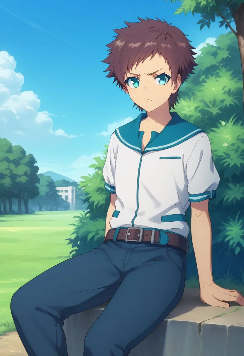 score_9, score_8_up, score_7_up, source_anime, highly detailed,
hikari, solo, 1boy, male focus, brown hair, blue eyes, school uniform, belt, pants, shoes, frown,
outdoor, sky, tree, sit,