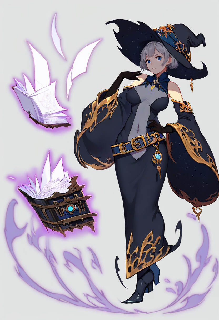 1girl, blue eyes, solo, book, witch hat, hat, floating book, gloves, witch, breasts, simple background, floating object, high heels, wide sleeves, covered navel, detached sleeves, grey hair, dress, full body, white background, short hair, black gloves, magic, floating, hand on hip, belt, bare shoulders <lora:solaXL_NBVP1_lokr_V6311P:0.95>