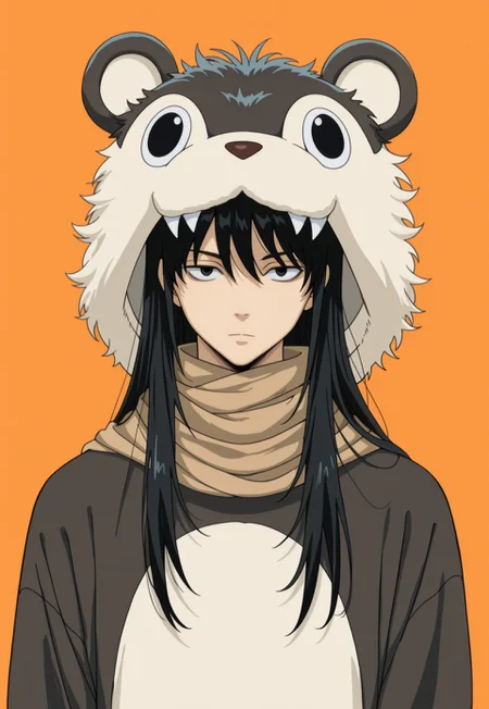 masterpiece, very aesthetic, high score, newest, best quality, G1NT4M4-KNX, solo, black hair, male focus, long hair, 1boy, scarf, orange background, looking at viewer, simple background, animal costume, expressionless, closed mouth, upper body