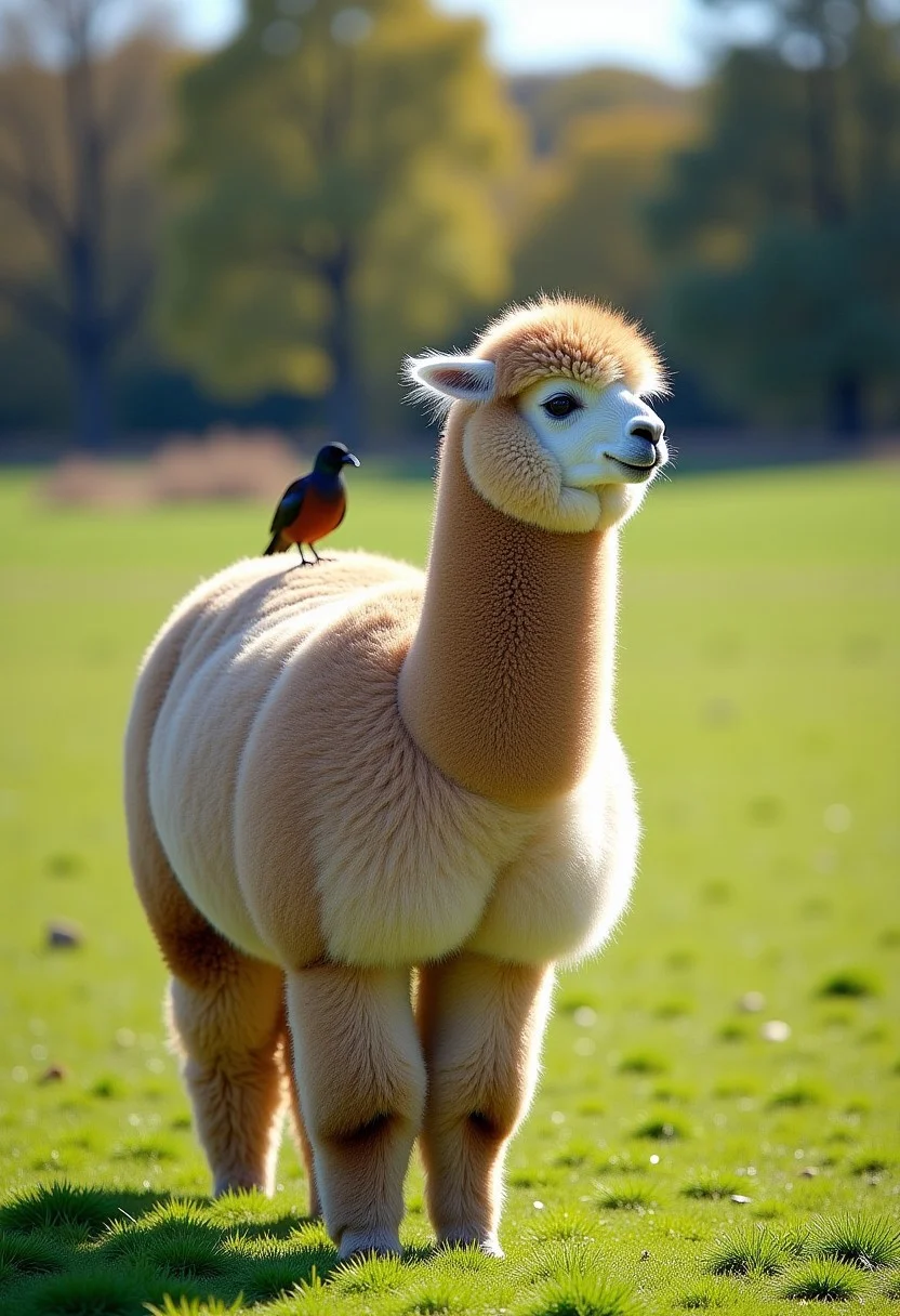 A photograph of a standing super extreme fluffy alpaca. The alpaca in the center of the picture has a super thick,  very shaggy fur. It is standing on a lively, lush green grassland. The sun is shining and there is a bird sitting on the alpaca.