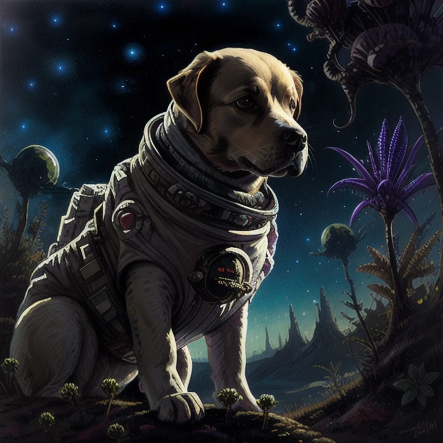(((realistic))), ((DSLR photo)), <lora:CosmicLandscapes:0.7>, CosmicLandscapes, ((retro)), ((a painting of an alien landscape)), close-up of ((((dog astronaut)))), (((alien plants))), ((thin atmosphere)), ((alien creature)), chiaroscuro, (galaxy in sky), beautifully lit, cinematic lighting, dramatic lighting, natural lighting, naturalism, (golden ratio), detailed, 8K, by Bruce Pennington, <lora:theovercomer8sContrastFix_sd15:0.5>, Danny Flynn, by alexi zaitsev, by Antoine Blanchard, by Brent Heighton, by Jeremy Mann