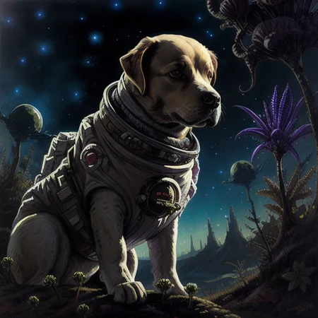 (((realistic))), ((DSLR photo)), <lora:CosmicLandscapes:0.7>, CosmicLandscapes, ((retro)), ((a painting of an alien landscape)), close-up of ((((dog astronaut)))), (((alien plants))), ((thin atmosphere)), ((alien creature)), chiaroscuro, (galaxy in sky), beautifully lit, cinematic lighting, dramatic lighting, natural lighting, naturalism, (golden ratio), detailed, 8K, by Bruce Pennington, <lora:theovercomer8sContrastFix_sd15:0.5>, Danny Flynn, by alexi zaitsev, by Antoine Blanchard, by Brent Heighton, by Jeremy Mann