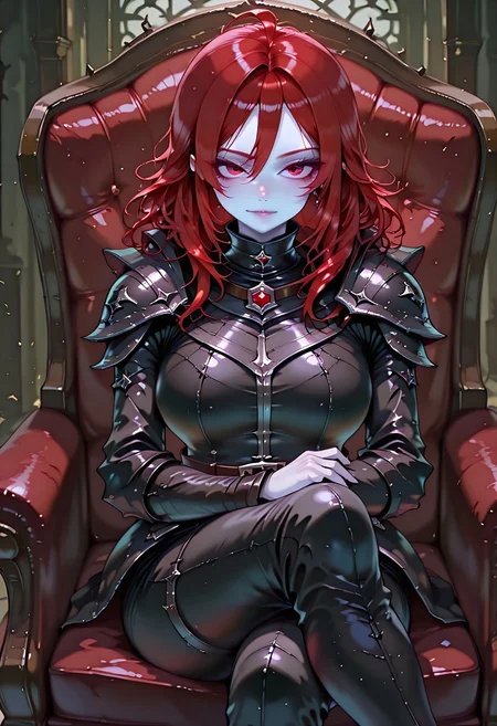 masterpiece, best quality, highres, absurdres, amazing quality, high resolution,
Red Eyes, Red Hair, pale skin
Black Medieval Armor, leather straps
plush medieval seat, looking at viewer, sitting, crossed legs