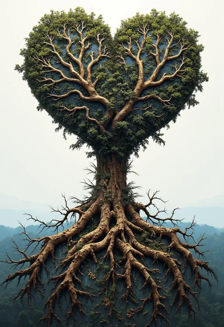 Jeddblexpsre,double exposure, Show complex tree roots forming the shape of a heart, illustrating connection, strength, and emotional depth
