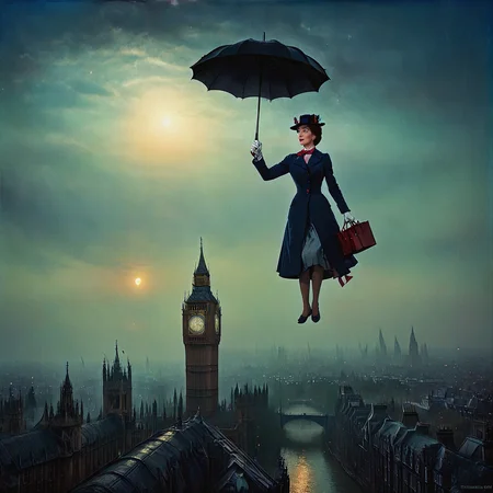 Mary Poppins holding onto her open umbrella, floating through the sky high above the old London city.

Emerging from the London fog, glowing with the moon's light.

<lora:Tonalism01b_CE_XL_300-OT:0.8> tnlsmCE_style
