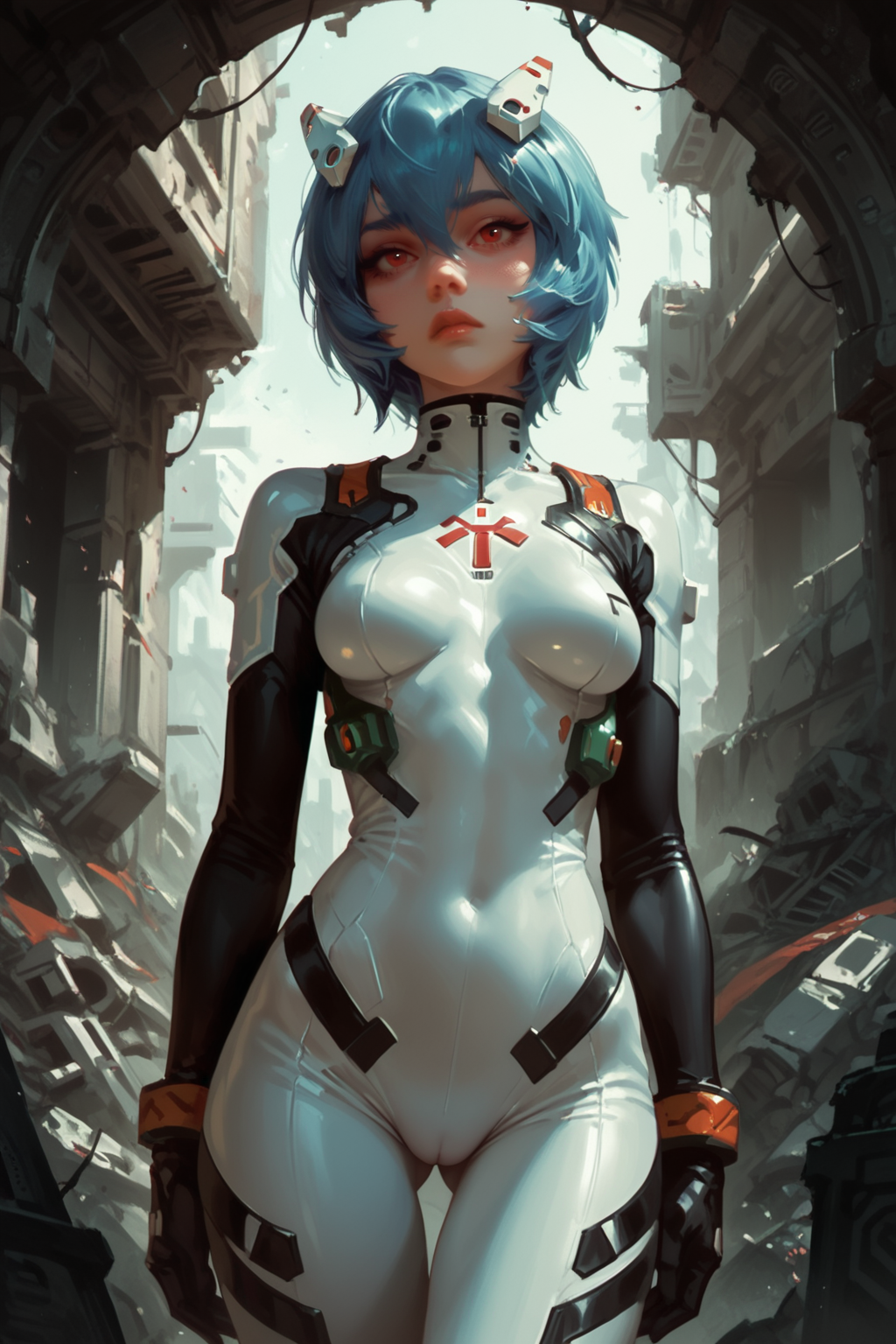 1girl, plugsuit, solo, white bodysuit, , short hair, bodysuit, breasts, red eyes, blue hair, looking at viewer, interface headset, medium breasts, cowboy shot, hair between eyes, science fiction pilot suit, headgear, standing, nose, skin tight, breasts apart, arms at sides, ruins, closed mouth, debris, thigh gap, expressionless, hair ornament, turtleneck, small breasts, ass visible through thighs, indoors, bracer, hairpods, ayanami rei, zPDXL3, detailxl,  Score_PnyReal, (lineless:1.5)