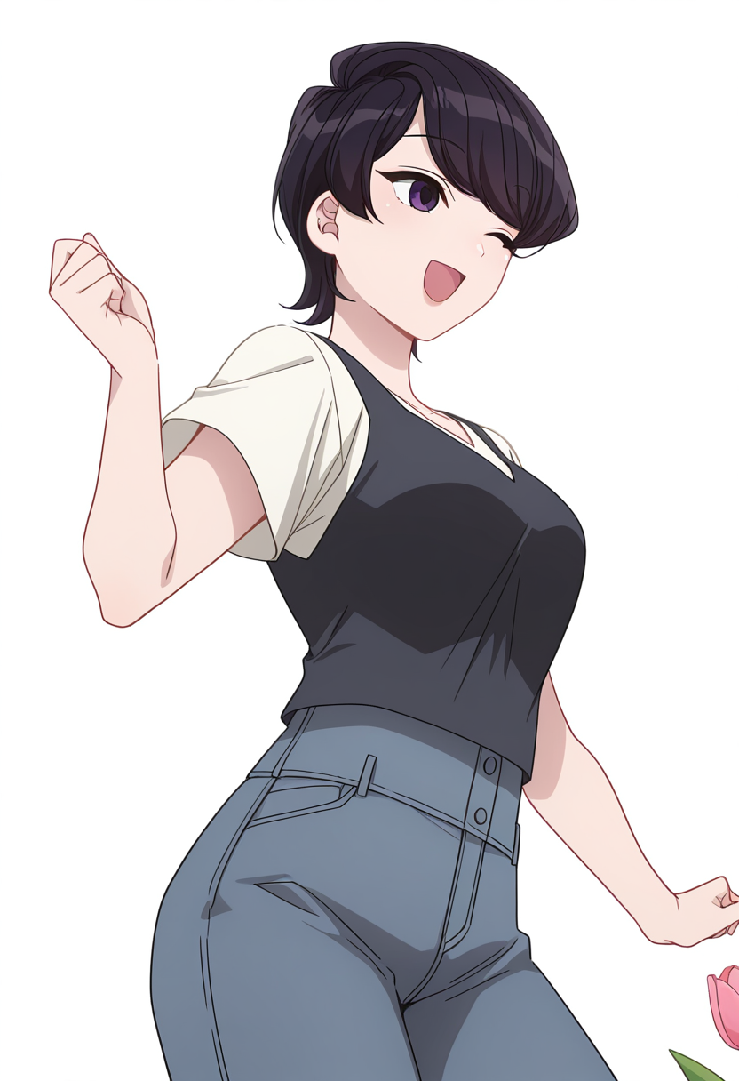 Smooth Quality,masterpiece,very intricate, high quality details, ultra realistic, high detailed skin,detailed enviorement,
simple background, white background,from below,;d,
 tulip skirt,  ,crop jacket,  ,pinafore top,  ,
No-kan, <lora:Komi_Shuuko_cnn:0.8> komishuukocnn, 1girl,black hair, short hair, bangs, purple eyes,mature female,shirt, jeans, short sleeves,