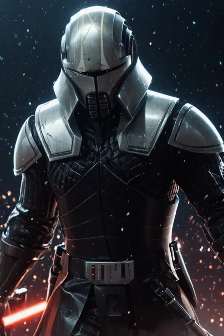 ((Glamour Portrait)),((Action Photography)),(score_9, score_8_up:1.1),score_7_up, 1boy, swStarKill3r, Dark, Powerful, Menacing, Ruthless, Mysterious, Armored, Fierce, Unstoppable, Intimidating, always wearing a helmet, an imposing figure in a shadowy environment, wielding a glowing red lightsaber, clad in black and silver armor with intricate details, striking an ominous pose amidst destruction, surrounded by crackling force lightning, with deep contrast.
 <lora:Starkiller_-_Galen_Marek_-_Star_Wars_-_PONY_-_Deal_project_SFW:1>
((randomized particles))