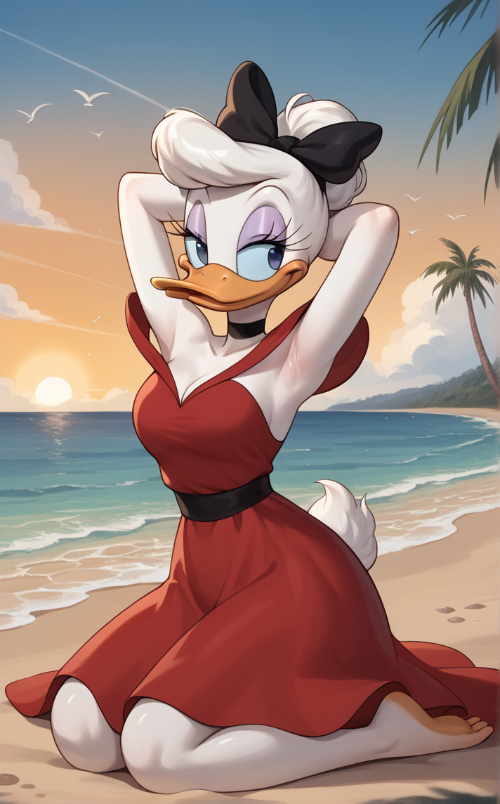 score_9, score_8_up, score_7_up, absurdres, 1girl, armpits, barefoot, beach, ocean, outdoors, sand, shore, sunset, water, full body, parted lips, sky, day, arms up, palm tree, kneeling, sitting, arms behind head, thighs, cloud, toes,<lora:PONYXL_DaisyDuck_ownwaifu:1>, BREAK RedDress_DaisyDuck_ownwaifu, 1girl, furry female, red dress, blue eyes, white hair, bare shoulders, off shoulder, short hair, makeup, off-shoulder dress, black choker, duck, hair bow, purple eyeshadow, black bow, beak, white fur, animal nose, single hair bun, body fur, hair ribbon, black hairband, breasts, eyelashes, no humans, ponytail, black ribbon, colored skin, bird girl, sleeveless dress, sleeveless, cleavage, long dress, topknot, short sleeves, medium breasts, hair bun, strapless dress, collarbone, <lora:add-detail-xl:0.15>,
