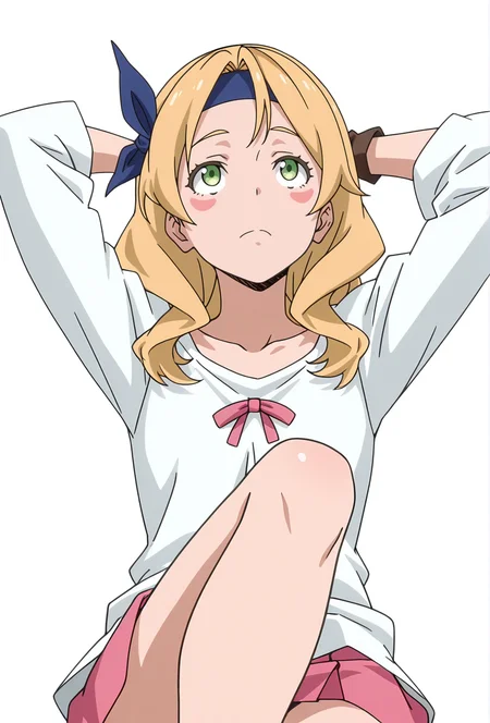 Smooth Quality,masterpiece,very intricate, high quality details, ultra realistic, high detailed skin,detailed enviorement,absurdres,
simple background, white background,
,panicking,reclining, arms folded behind head, one knee bent, looking up, peaceful mood, ,
<lora:Eren_cnn:0.8>erencnn, 1girl,long hair, blonde hair, green eyes,
headband, pink skirt, fingerless gloves,blush stickers,bow,dress,