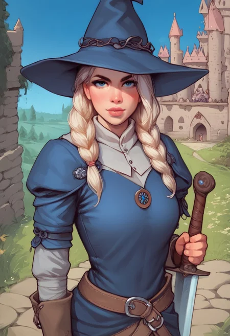 young woman, solo, Looking at viewer, Masterpiece a stunning female witch, ((full clothed witch outfit with armor, witch hat)), Blue eyes, long bob white hair with bangs, Dynamic action pose,
(Holding a huge sword:1.5)
Background: (Medieval castle, night sky: 1.9)
score_9, score_8_up, score_7_up, score_6_up, source_cartoon, rating_explicit, Expressiveh, (((((upper body))))), dynamic pose
<lora:Dynamic Poses:1>
<lora:detailed_notrigger:1>
(((full clothed)))
score_9, score_8_up, score_7_up, score_6_up, source_cartoon, rating_explicit, Expressiveh, (((((upper body, action pose))))), dynamic pose