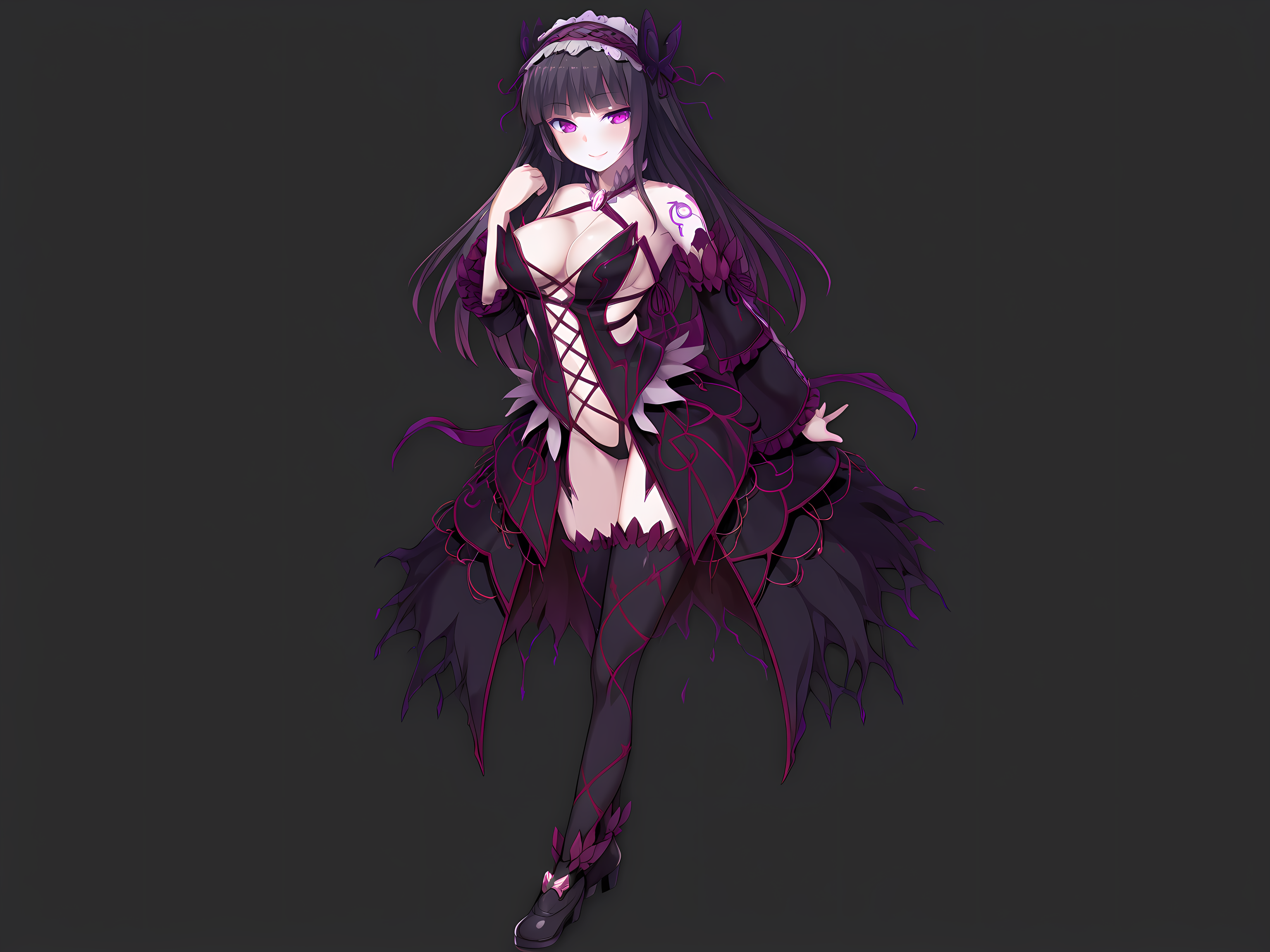 <lora:Kukizawa_Kokoro_-_Yamizome_Revenger_-_Escude:1>,1girl,solo,kokoro,large breasts,evil outfit,shoes,smile,skirt,thighhighs,dark persona, masterpiece,best quality,amazing quality,