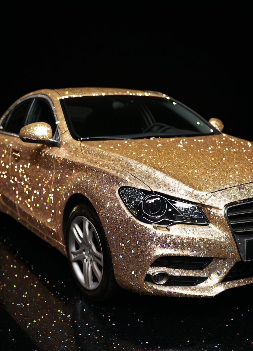 photo of a car with GlitterStyle, makeup, black background, 
 <lora:GlitterStyle_sdxl:0.8>