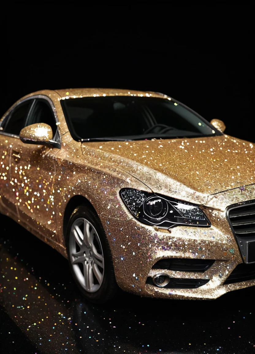 photo of a car with GlitterStyle, makeup, black background,
<lora:GlitterStyle_sdxl:0.8>