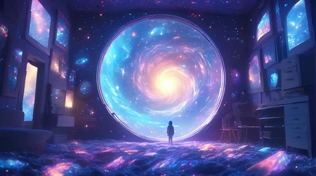 masterpiece, best quality, light particle, depth of field, field, scenery, fantasy, blue light, (far away:1.1), no humans, pastel colors, chromatic aberration abuse, glow in the dark, portal, image of unimaginable cosmic terror ripping apart space and time , (going back home from space and time:1.2), (house:1.5)