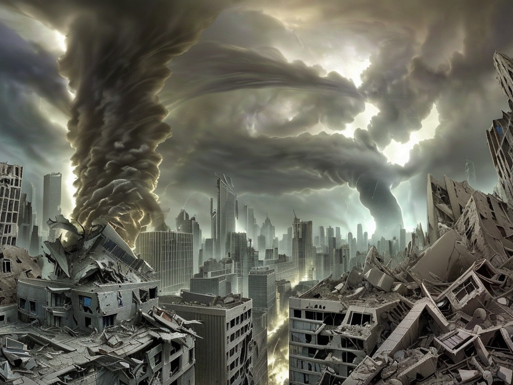 a detailed scaled (tornado raging over) a modern building in front of a (city in ruins:1.2).
 <lora:Wasteland:0.75> Wasteland, the, and, with, wasteland, background