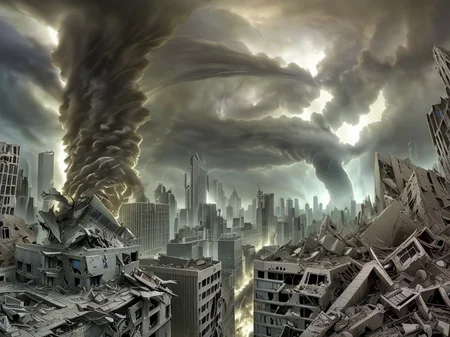 a detailed scaled (tornado raging over) a modern building in front of a (city in ruins:1.2).
 <lora:Wasteland:0.75> Wasteland, the, and, with, wasteland, background