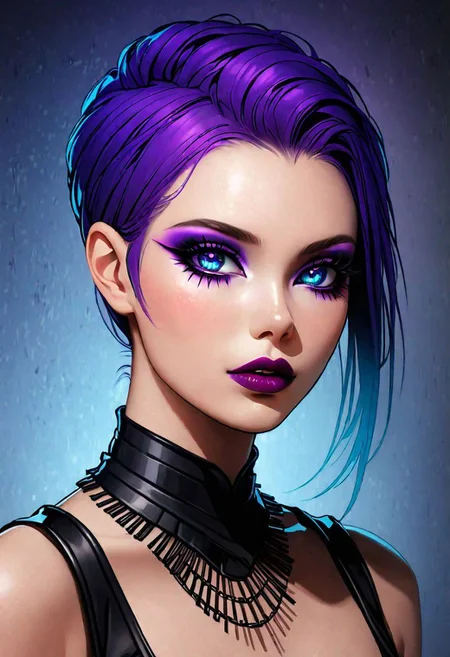 neo noir style portrait of a beautiful woman painted on wall with light, stunning beauty, soft light, pastel colors ,black and purple hair, dark punk, heavy makeup, line art, postmodernism, neo noir, simple background, glowing lips, lips closed, light smile, masterpiece, natural style, braided mohawk,, realistic and detailed eyes, beautiful eyes, amazing eyes,kawaii makeup dark makeup, nerd, red glowing lips, bangs,