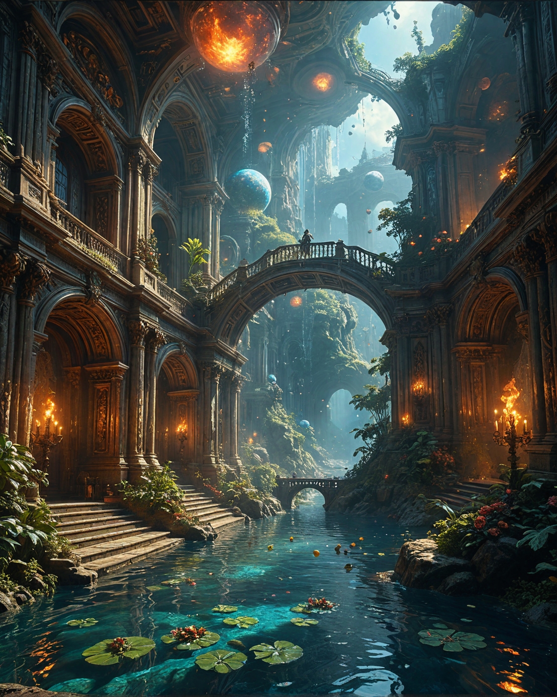 Bridges made of solidified music, Yamauba, cybernetic alloy palace with,
 auroral-microbe rivers, Brutalist titanium panels, etheric-current elevators in, floating-nebula islands, Solarpunk hydroponic spirals style, blackhole accretion disk halos,
<lora:tbh124-sdxl:0.15> style of Jean-Antoine Watteau,
<lora:tbh129-sdxl:0.15> style of Michael Cheval,
<lora:Sinozick:0.15>,
<lora:add-detail-xl:0.7>,
<lora:aidmaMJ6.1_v0.5_2:0.3> aidmamj6.1,
<lora:Flux-XL_Scenery:0.15> flux-scenery,
<lora:Flux-style-xl-lora:0.15> flux-style,
8K resolution, ultra-detailed cinematic composition, contemporary concept art style, volumetric magical atmosphere with ethereal glow, rich complementary color palette, vivid gradients and chiaroscuro contrast, dynamic perspective with layered depth of field, inspiring awe-inspiring mood, Unreal Engine 5 render quality, intricate textures, flawless anatomy, rule of thirds composition, luminous highlights, surreal ambiance, award-winning illustration, harmonious balance of light and shadow, photorealistic details, ArtStation trending, chromatic accents, nostalgic futurism, dreamlike serenity, bold creativity, professional finish, sharp focus, ambient background, fascinating dynamic motion,, Baroque art style, dynamic composition, dramatic lighting, rich colors, intricate details, professional-grade execution, captures the grandeur and theatricality of the Baroque period