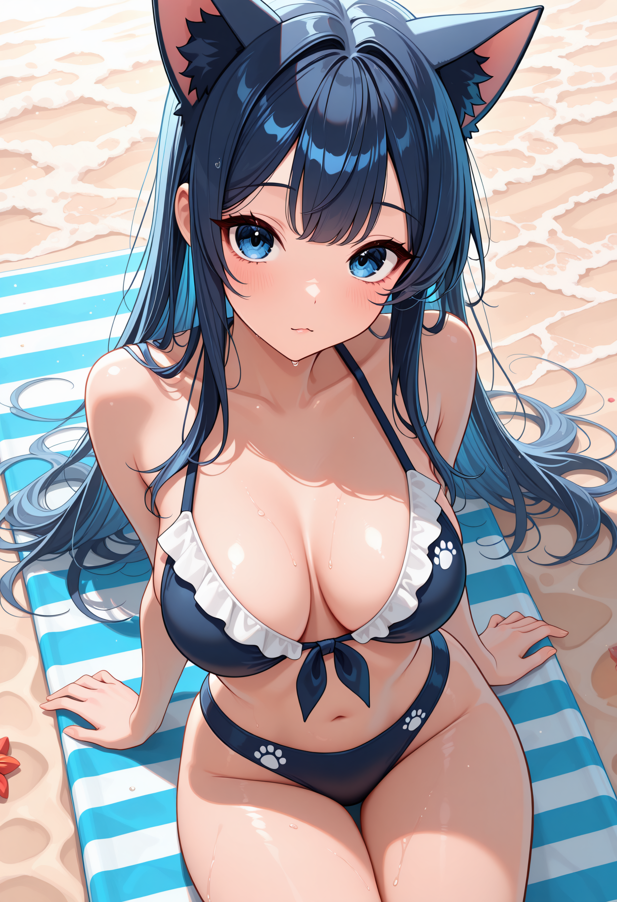 lazypos, 1girl, cat ears, cat girl, navy blue hair, Sapphire eyes, medium breasts,  <lora:Nyanku-000005:1>, Nyanku, Nyankupatches, beachwear, overhead view