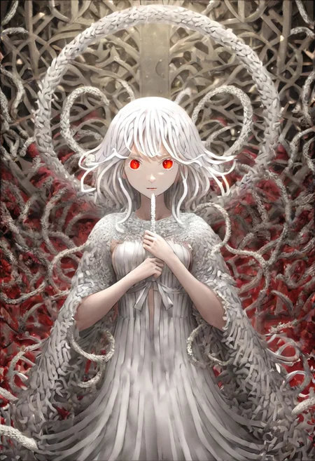 source anime, anime style, official art, "Sengoku Nadeko wrapped by a pale white snake around her neck, glowing under soft, eerie lighting, surrounded by detailed scales, mixed with a surreal and unsettling atmosphere, photorealistic textures." white_hair, red_eyes, medium_hair, snake_hair, small_breasts, WHITE DRESS, <lora:SDXLFaeTastic2400:0.4> <lora:extremely_detailed:0.4> extremely detailed, <lora:sn4ke:1>,sn4ke, Masterpiece,best quality,hi res,8k,hi res,8k,award winning,(sharp focus, intricate, highly detailed), rating:safe