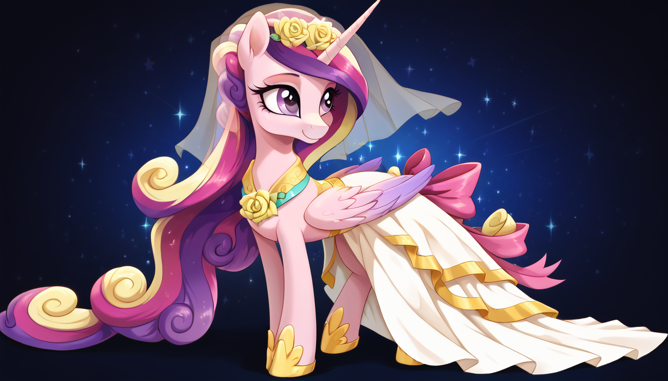 score_9, score_8_up, score_7_up, score_6_up, score_5_up, score_4_up, my little pony, ((feral pony)),   1girl, ((solo)), (sexy),beautifully detailed, (detailed cute pony face), ((detailed blue starry background:1.5)), ((woman)), high angle, (cute smile:1.0), ((up-close))  1girl, ((solo)), (sexy),  full body
<lora:wedding_dress:1>, Princess Cadance a white wedding dress with yellow and gold elements and a pink bow, a light veil, Decorations on the outfit are made in the form of large yellow roses <lora:Wholesome_MLP-v1.0:1> <lora:OtherStyle_01:1>