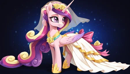 score_9, score_8_up, score_7_up, score_6_up, score_5_up, score_4_up, my little pony, ((feral pony)), 1girl, ((solo)), (sexy),beautifully detailed, (detailed cute pony face), ((detailed blue starry background:1.5)), ((woman)), high angle, (cute smile:1.0), ((up-close)) 1girl, ((solo)), (sexy), full body
<lora:wedding_dress:1>, Princess Cadance a white wedding dress with yellow and gold elements and a pink bow, a light veil, Decorations on the outfit are made in the form of large yellow roses <lora:Wholesome_MLP-v1.0:1> <lora:OtherStyle_01:1>