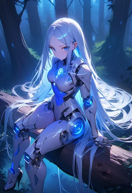 ((masterpiece), (best quality), (ultra-detailed),
illustration, 3DMM,
1woman, deep blue eyes, blue hair , very long hair, forehead, black footwear, high heels, sitting, looking at viewer, trees, sitting on log, night sky, stars, forest, futuristic, hand prosthesis, scifi , lrg prosthesis, glossy, armor, cyborg, perfect body, silver and blue glow, mechanical joints,
,blue neon, prostheses, cyber prostheses, tilted back )