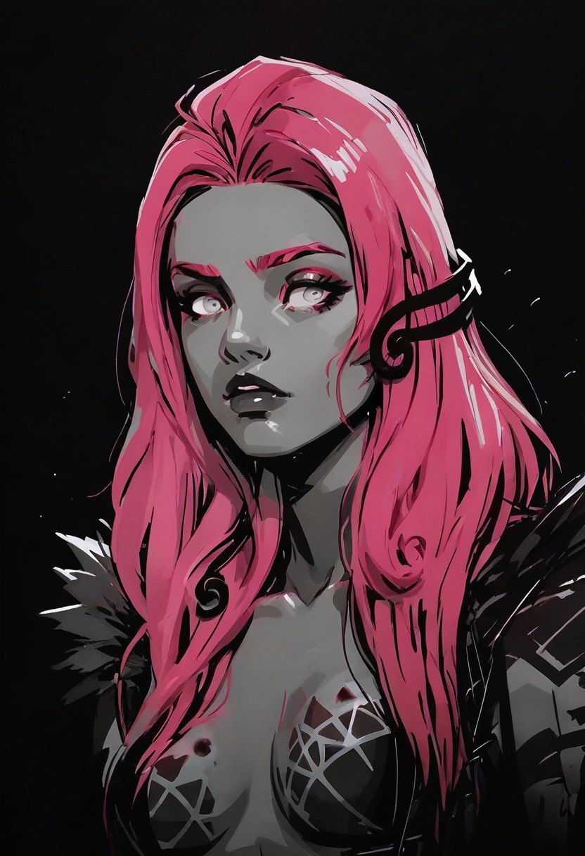 safe_pos, score_9, score_8_up, score_7_up, source_anime, BREAK, (123, medium breasts, human, LOR), coacalina, colourful, 

lilithsmtvv, pink hair, long hair, hair ornament, pink eyes, colored skin, lipstick, makeup, black wings, full-body tattoo,

<lora:Navi_WrathStrokes_PonyXL_S1:1> red sketch, monochrome, black background, black theme