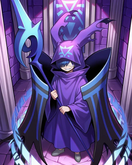 amazing quality, absurd, newest, <lora:noobai_vpred_1_masterpieces_v23:0.8> , masterpiece, best quality, very aesthetic, detailed background,  looking at viewer,  <lora:HectorIL:0.9> , hecdef, 1boy, blue hair, hair over eyes, white blindfold, hood up, animal ear hood, crest, robe, black wings, blue stripes, grey shoes, runes, holding staff, blue staff, evil grin, interior, sanctuary, evil temple, ominous, (cowboy shot), from above, solo,