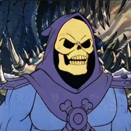 skeletor, close-up, evil_grin, solo, wasteland