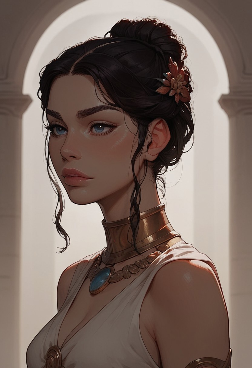 (score_9, score_8_up, score_7_up). ( line work, excellent drawing, highest quality, extremely detailed:1.2). 1woman, Greek Goddess Hera, perfect face, beautiful eyes, long lashes, dark hair, princess bun, glossy lips, ancient greek dress, g0thicPXL, romantic, cinematic lighting, volumetric lighting, motion effects, source_cartoon