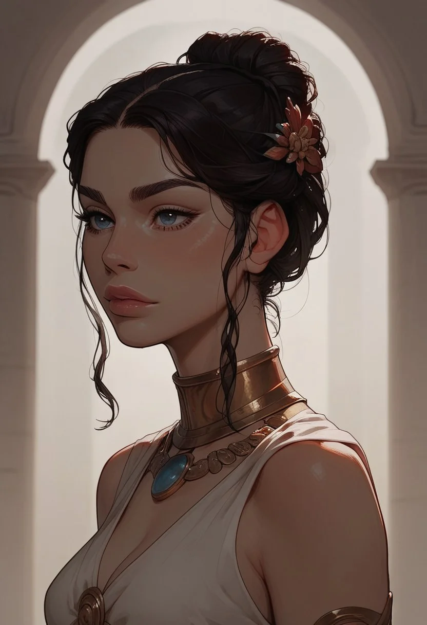 (score_9, score_8_up, score_7_up). ( line work, excellent drawing, highest quality, extremely detailed:1.2). 1woman, Greek Goddess Hera, perfect face, beautiful eyes, long lashes, dark hair, princess bun, glossy lips, ancient greek dress, g0thicPXL, romantic, cinematic lighting, volumetric lighting, motion effects, source_cartoon