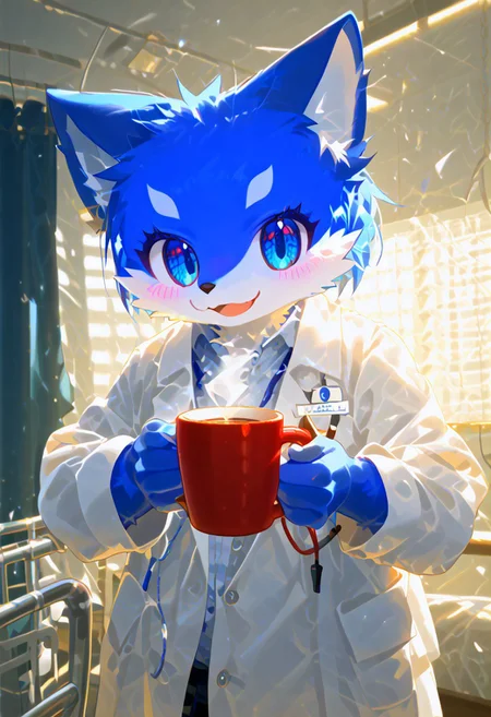 levelonerubili, zuppu11, animal, blue eyes, blue fox, (doctor), furry, furry male, no humans, hospital, score_9, score_8_up, score_7_up, zPDXL3, looking at viewer, solo, cute, white doctor shirt, Expressiveh, blushing, happy, smile, open mouth, holding a cup of coffee
