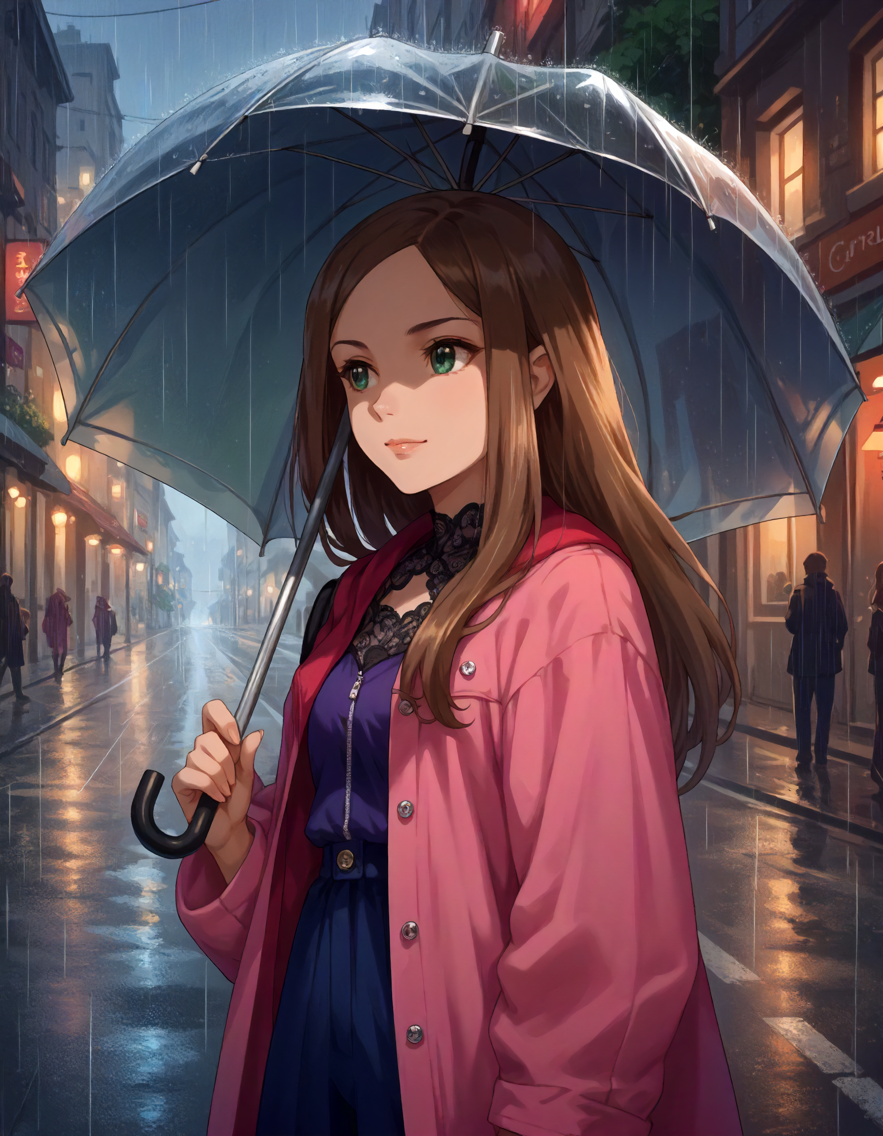 score_9,score_8_up,score_7_up,1girl,solo,cowboy shot,looking away,(smile:0.8),street,rain,
<lora:matsuyamakumiko_ponyXLV6:0.8>,cgmkm,brown hair,long hair,green eyes,
holding umbrella,transparent umbrella