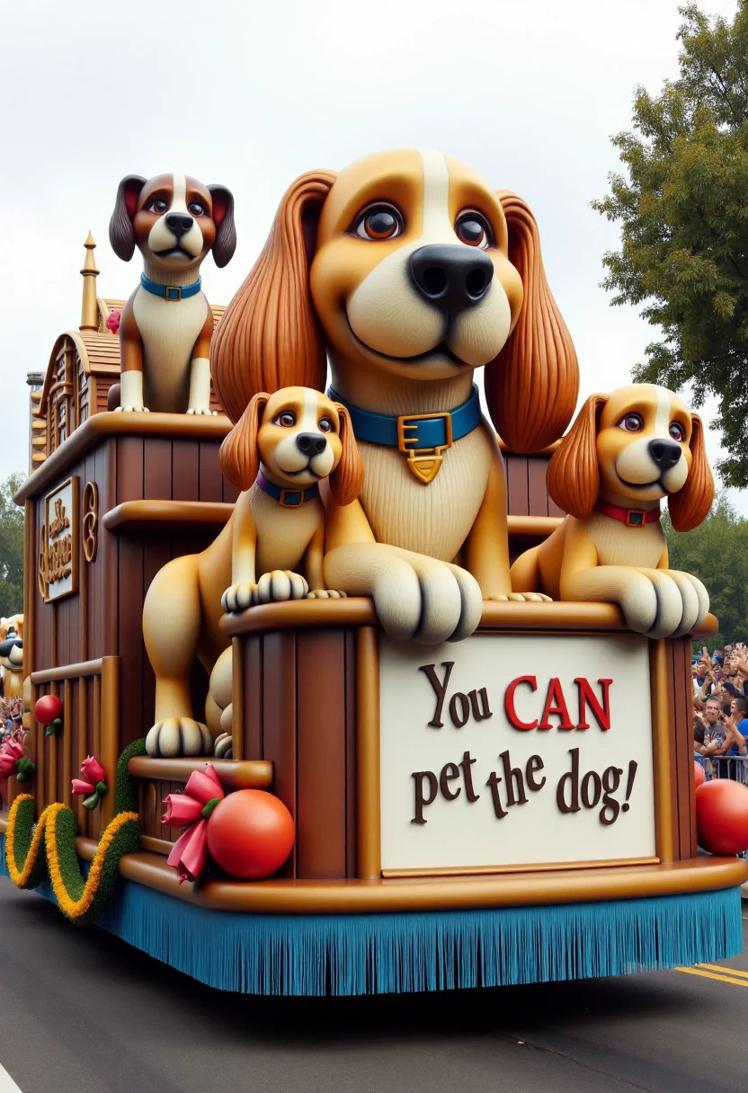 <lora:Parade_Float_Fashioner_FLUX-000005:0.9>
The image is a realistic photograph capturing a vibrant, elaborate dog themed parade float including banner with text "You CAN pet the dog!".