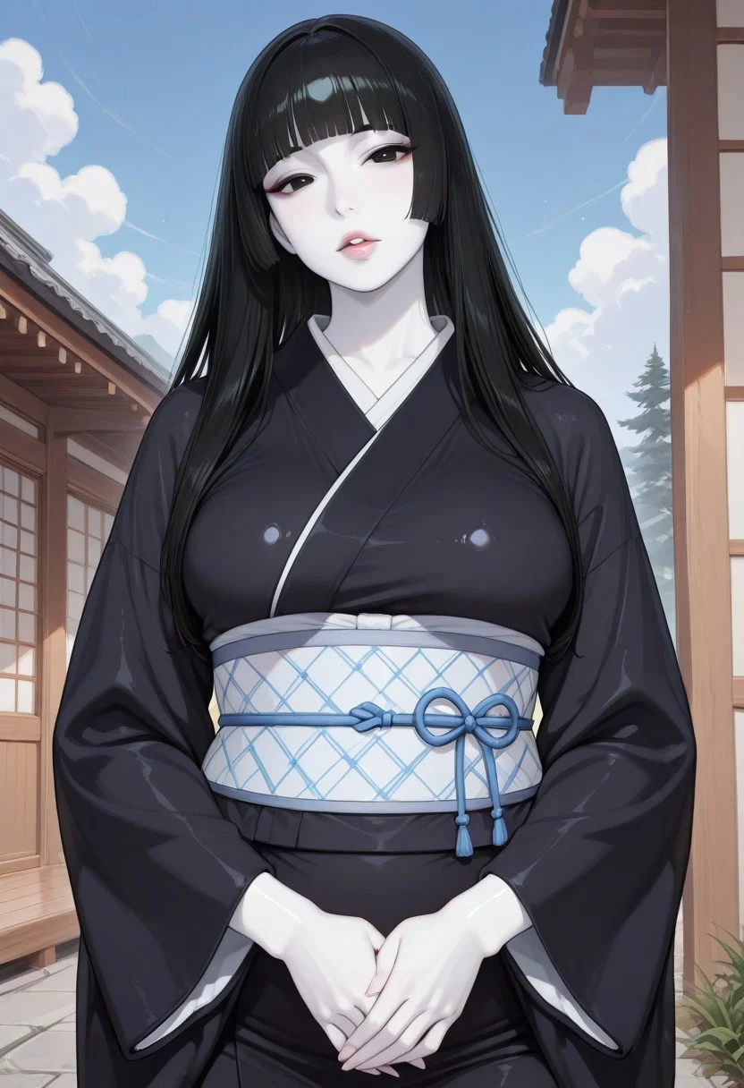 Mature woman, MILF, 1girl, sky, black hair, long hair, hime cut, masterpiece, black eyes, colored skin, (white skin:1.3), glossy skin, Yuki-Onna, parted lips, looking at viewer, black kimono, wide sleeves, obi, japanese clothes, medium breasts, wide hips, outdoors, hands held together on stomach, cloud, volumetric lighting, blue sky, portrait, upper body,