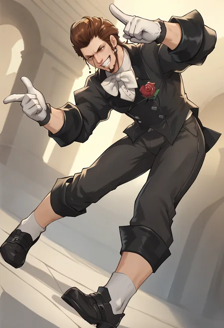 score_9, score_8_up, score_7_up BREAK Hildibrand, male focus, monocle, facial hair, black jacket, white bowtie, rose boutonniere, white gloves, black pants, white socks, black footwear, grin, dutch angle, pointing <lora:clamXIVHildibrand_lycoris:1> <lora:bayeuxman_pd_t2:0.9>