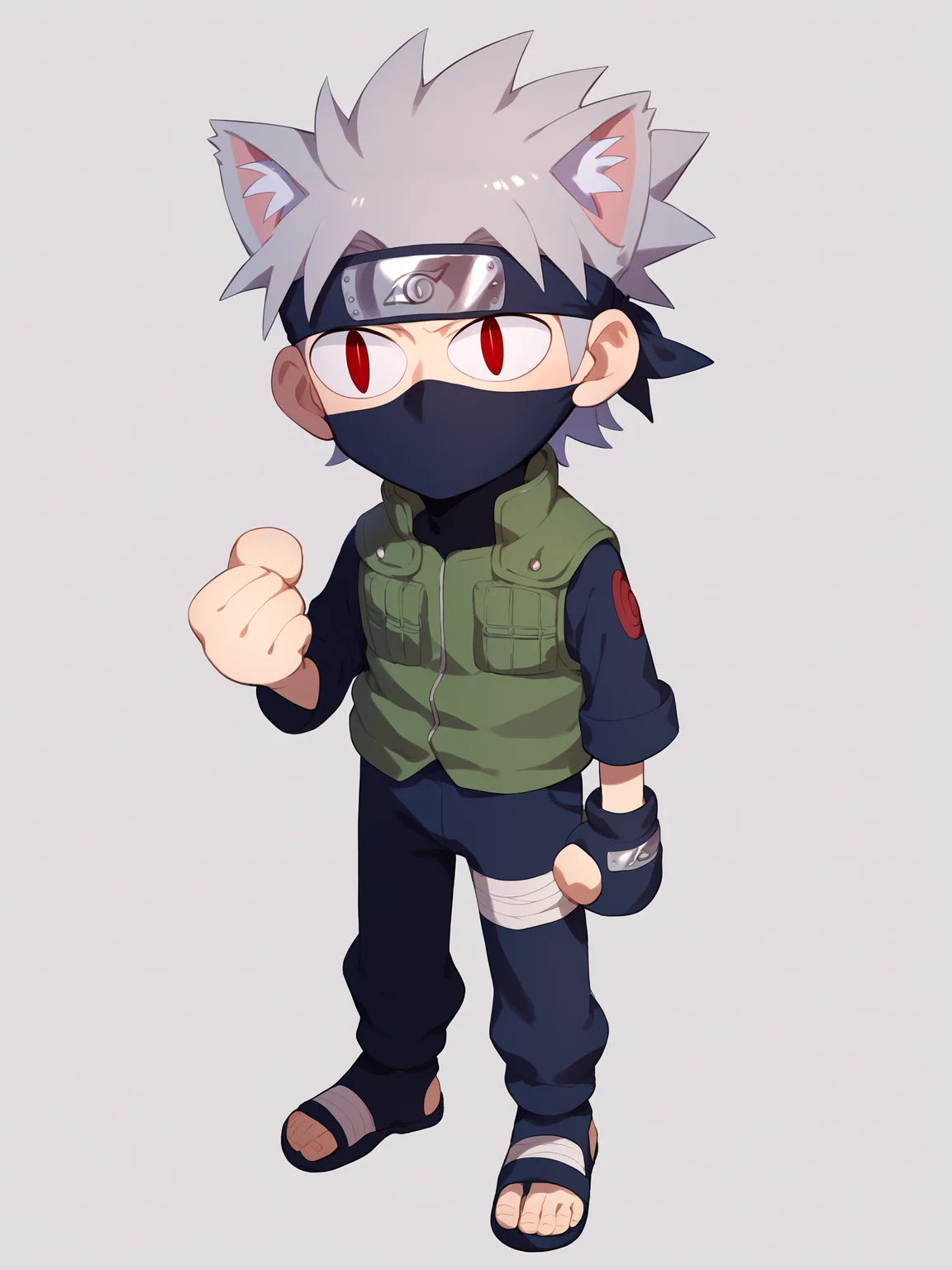 score_9, score_8_up, score_7_up, BREAK,
1boy, necoarc, cat ears,
kakashi, grey hair, covered mouth, mouth mask, red eye, scar across eye, forehead protector, gloves, konohagakure symbol, mature, green vest, pants, bandages,
standing, chibi, slit pupils, solo, full body, white background <lora:necoarc-guy-PONY-v1:1> <lora:KakashiXL:1>