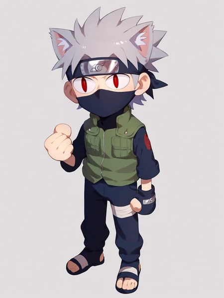 score_9, score_8_up, score_7_up, BREAK,
1boy, necoarc, cat ears,
kakashi, grey hair, covered mouth, mouth mask, red eye, scar across eye, forehead protector, gloves, konohagakure symbol, mature, green vest, pants, bandages,
standing, chibi, slit pupils, solo, full body, white background <lora:necoarc-guy-PONY-v1:1> <lora:KakashiXL:1>