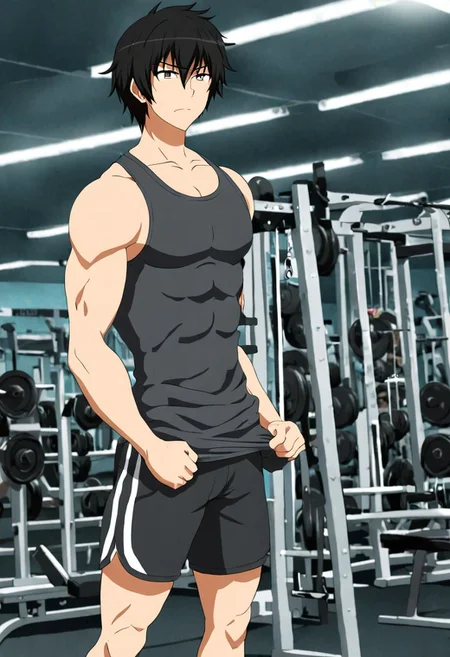 high resolution, solo, best quality, 1Boy, Kanie Seiya, Black Hair, Gym, tank top, shorts, exercise, sixpack, OverallDetail