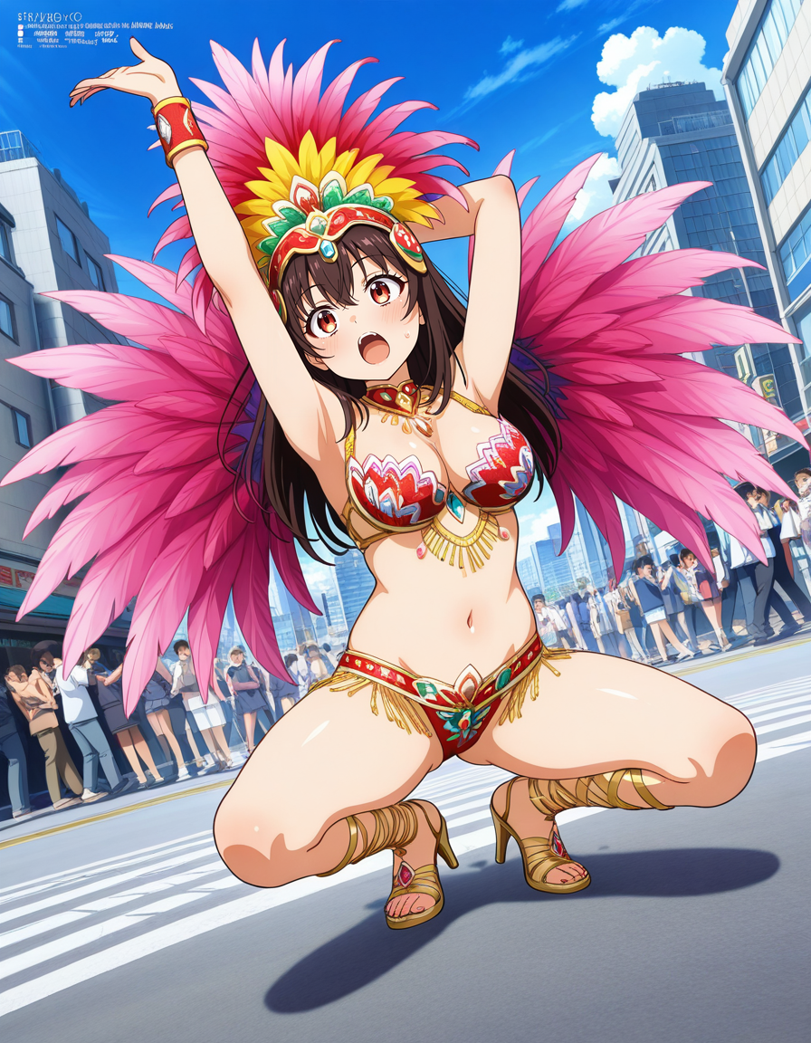 score_7_up, anime BREAK official art, solo, 1girl, one girl, 
dynamic angle, dynamic pose, megami magazine, 
BRERAK, 
<lora:Asakusa_Samba_Carnival_v2:0.8>, Asakusa Samba Carnival, outdoors, day, road, street, city, building, multiple girls, solo focus, dancing, Samba costume, 
squatting, high heels, jewelry, wings, navel, open mouth, feathers, headdress, 
(masterpiece:1.3), best quality, high resolution, unity 8k wallpaper, extremely detailed CG, 8K, perfect anatomy, highly finished, masterpiece, best quality, high quality, amazing quality, great quality, very aesthetic, ultra detailed, highres, absurdres, highly detailed, highly detailed background,