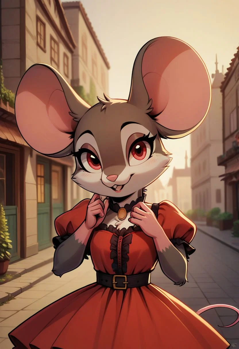 score_9, score_8_up, score_8, solo, (fluffy:0.8), (feral), furry, (((mouse))), female, claws, (fluffy cheeks:0.7), (dress), (solo:2), j_cartoon, cute, (portrait:2), village, fca style,