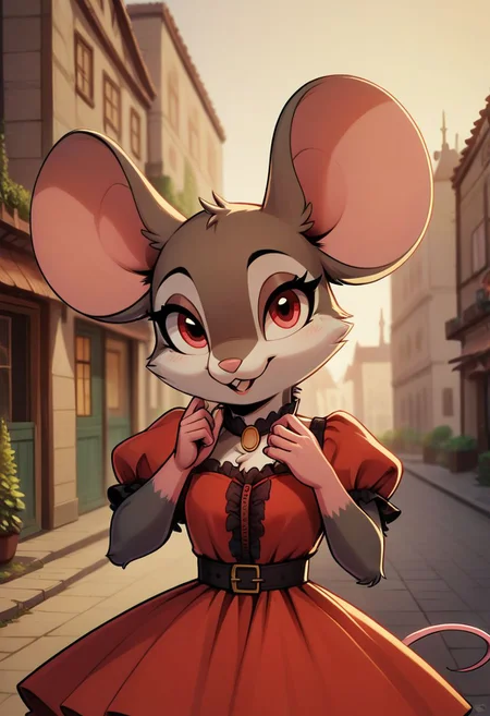 score_9, score_8_up, score_8, solo, (fluffy:0.8), (feral), furry, (((mouse))), female, claws, (fluffy cheeks:0.7), (dress), (solo:2), j_cartoon, cute, (portrait:2), village, fca style,