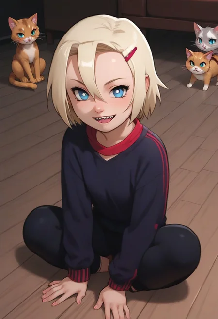ino, hair ornament, hairclip, 1girl, solo, blonde hair, short hair, blue eyes, smile, looking at viewer, BREAK level_9, level_8_up, level_7_up, source_anime, masterpiece, BREAK naruhodou_artstyle, BREAK outdoor, sweater, selfie
long hair, shirt, cross-shaped pupils, hair between eyes, sharp teeth, smiling,
BREAK
level_9, level_8_up, level_7_up, level_6_up, level_5_up, source_anime, masterpiece
BREAK
laying on the floor, cats, a lot of cats, cats all around, covered in cats, CATS, cat, happy, cats everywhere, cats all over ino cuddling, cute, patting cats, various colors of cats, various cats,