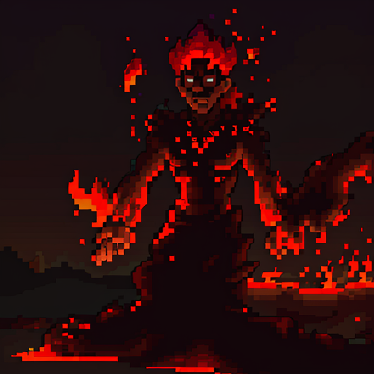 <lora:SNES Earthbound Enemies V11:0.6> earthbound_enemy, pixelart, drop shadow <lora:Terraria Style - V1:0.6> terraria_style, 2d, fire_elemental, fiery/man, choas aroumd, depth of field, dark sky,<lora:LCM_SD15:1.0>