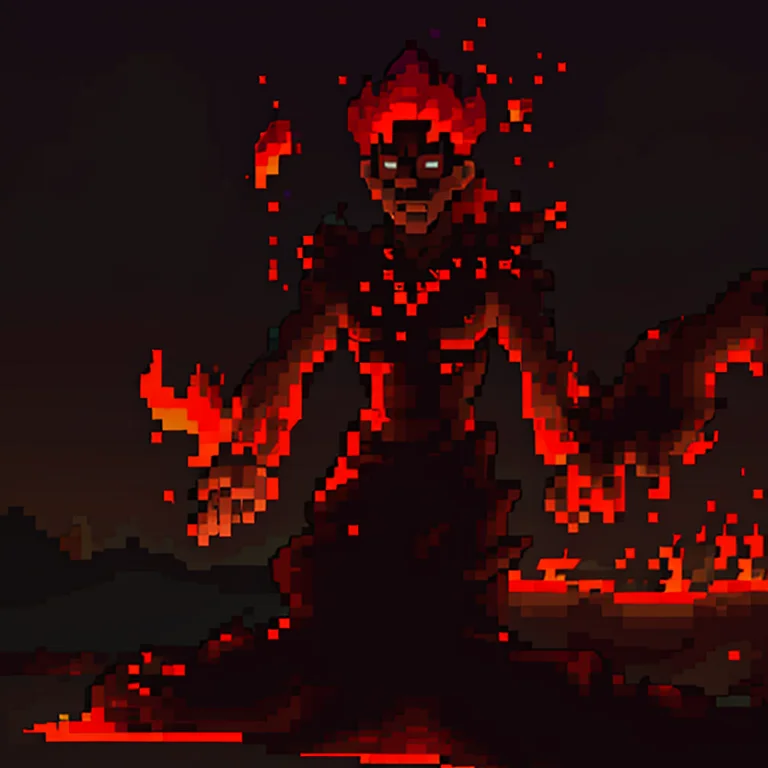 <lora:SNES Earthbound Enemies V11:0.6> earthbound_enemy, pixelart, drop shadow <lora:Terraria Style - V1:0.6> terraria_style, 2d, fire_elemental, fiery/man, choas aroumd, depth of field, dark sky,<lora:LCM_SD15:1.0>